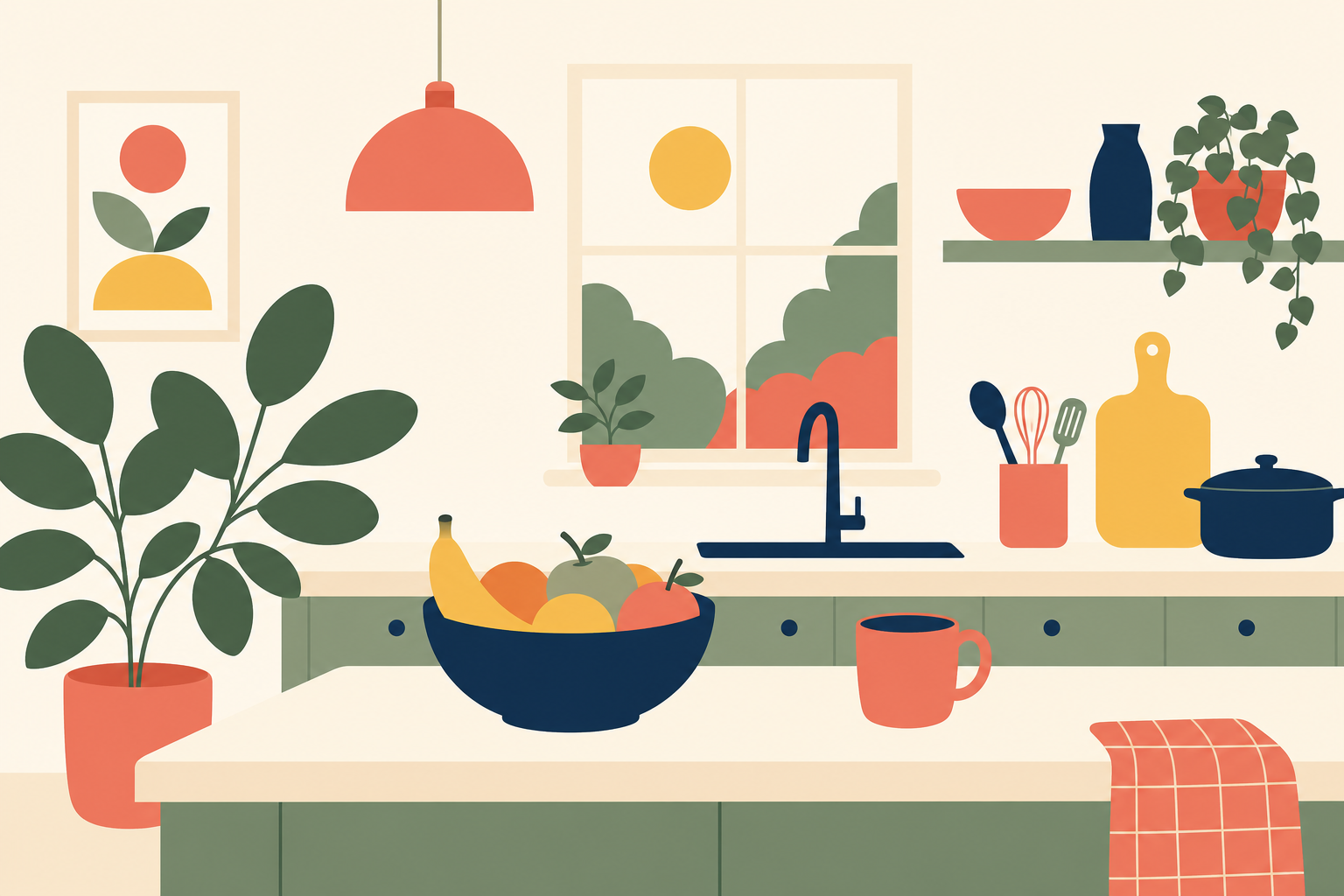 A calm, tidy kitchen with a plant, a bowl of fruit and soft daylight