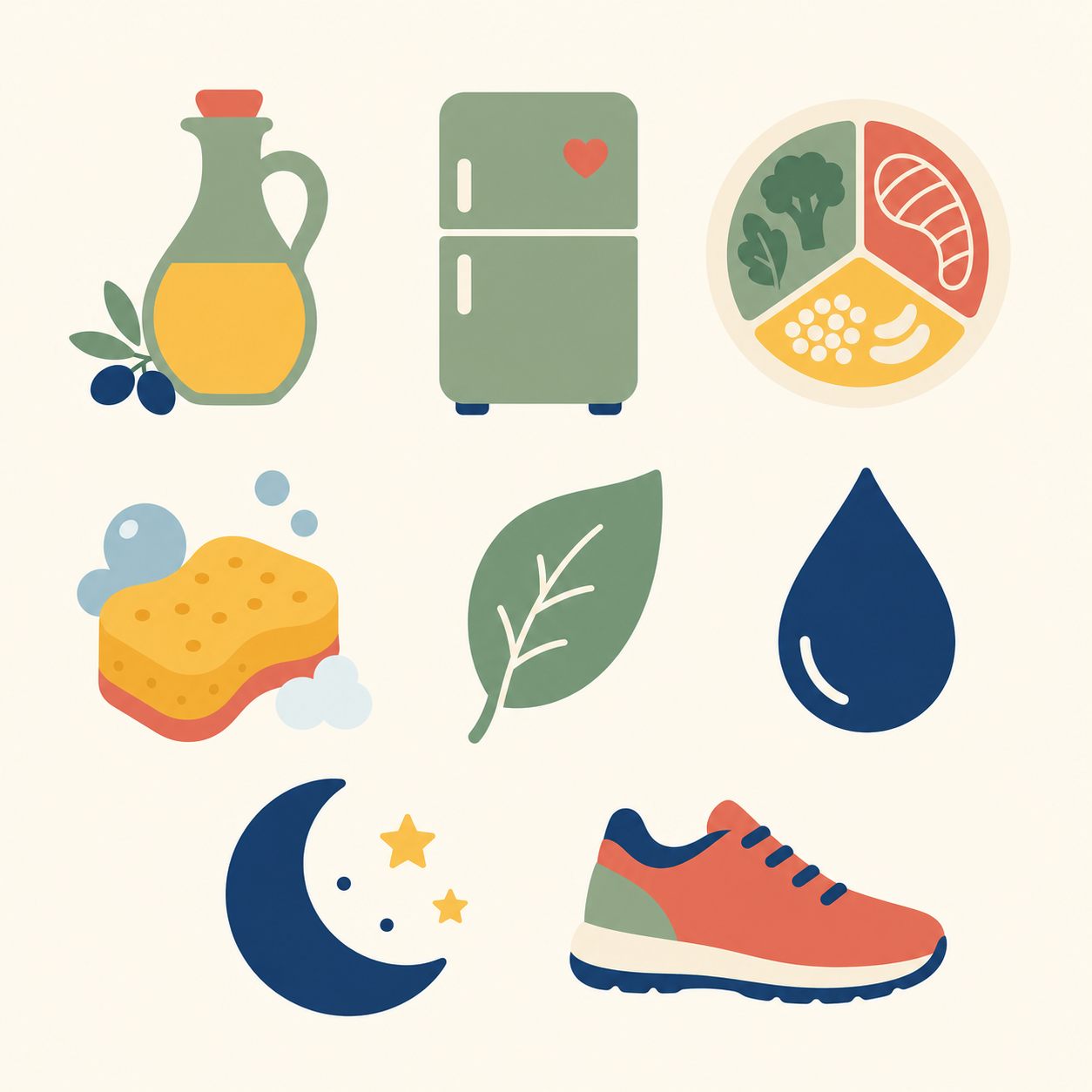 Icons for the site's topics: oil, fridge, plate, sponge, leaf, water, sleep, movement