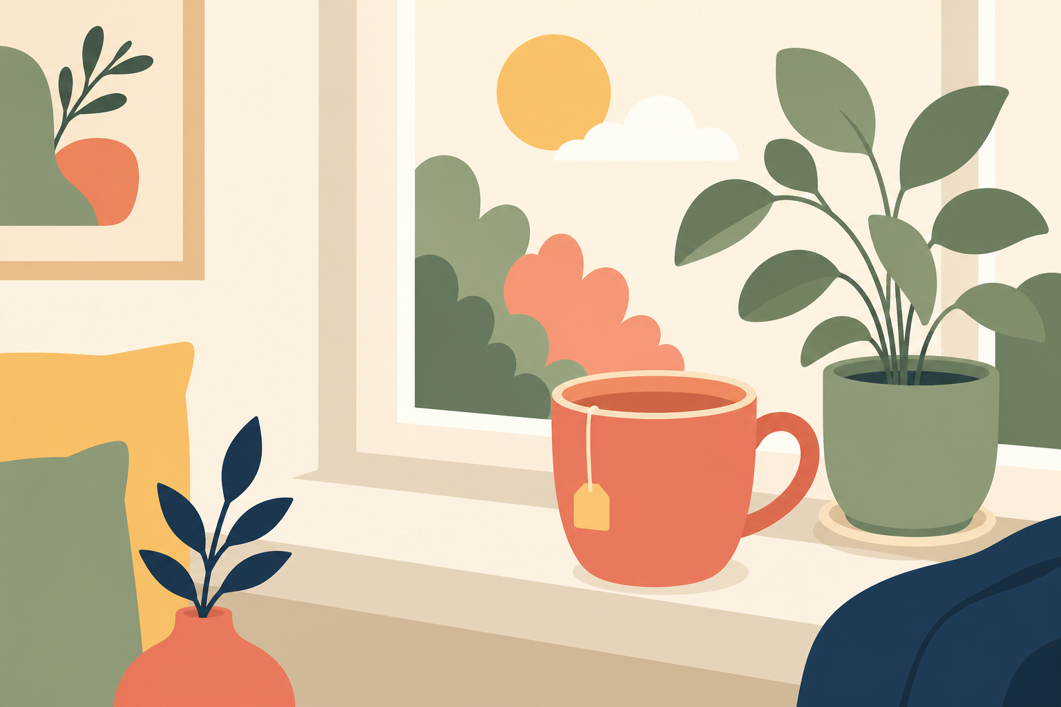 A warm mug of tea on a sunny windowsill with a small plant